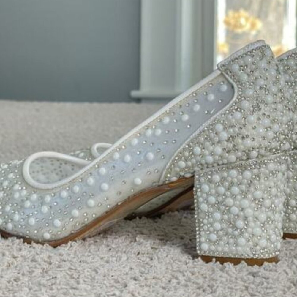🤍Wedding Bridal Shoes Tulle Pearl Transparent Block Heels (4cm) 🤍 - Picture 3 of 9